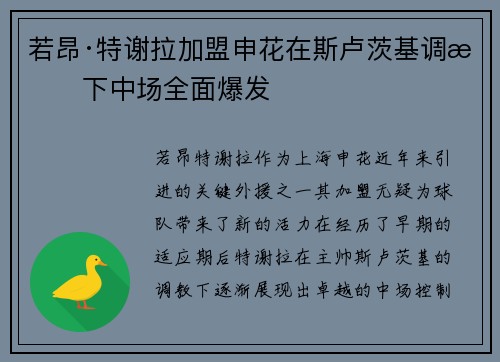 若昂·特谢拉加盟申花在斯卢茨基调教下中场全面爆发